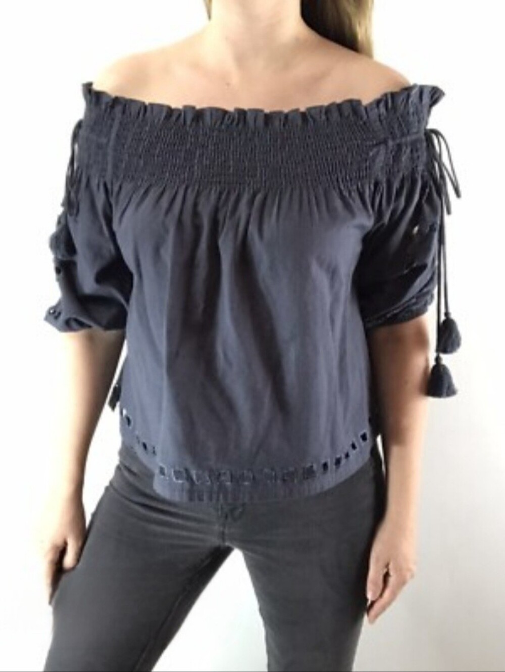 Chan Luu Gray Blue Smocked Waist Peasant Top SMALL
